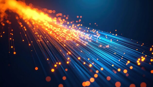 Abstract blue and orange glowing fiber optic particles.