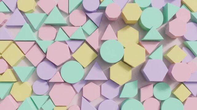 Pastel geometric shapes including circle, triangle, hexagon, octagon, and square arranged abstract colorful playful seamless pattern background, modern 3D render design for creative visual inspiration
