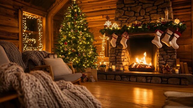 Warm Rustic Cabin Interior Featuring a Glowing Fireplace and Christmas Decorations