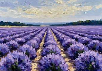 Fototapeta premium Impressionist Oil Painting of a Purple Lavender Field Landscape