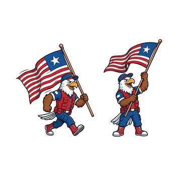 Two Animated Bald Eagle Mascots Wearing Utility Vests And Caps Proudly Holding Liberian National Flags In Dynamic Walking And Standing Poses Vector Illustration
