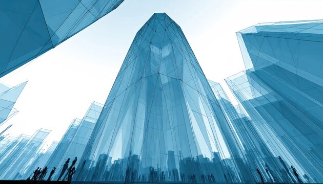 Abstract blue crystalline tower in a futuristic city environment.