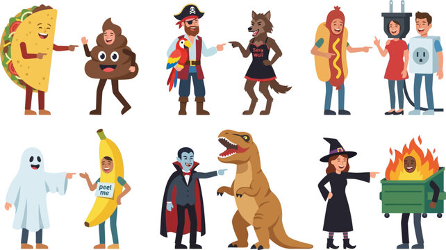Collection of diverse characters in funny costumes pointing at each other a flat vector illustration representing concepts of choice comparison or social interaction