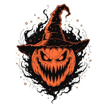 Scary Jack O Lantern Pumpkin with Witch Hat Halloween Horror Illustration Isolated on White Background