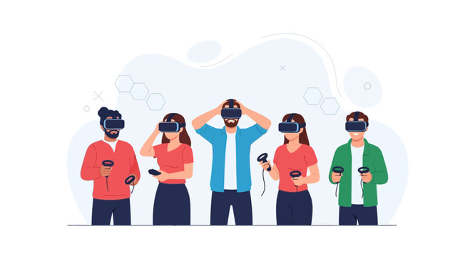 Diverse Group of People Experiencing Virtual Reality Headsets and Controllers, Flat Design Vector Illustration