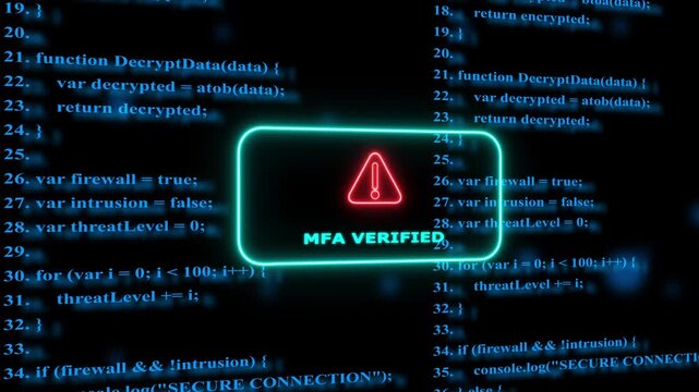 Mfa verified security notification on digital code background, for cyber security, and data protection