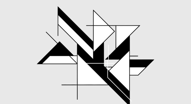 Abstract Geometric Composition with Intersecting Black and White Triangles and Lines, Modern Minimalist Design Graphic Pattern