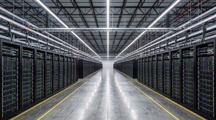Obraz premium Modern Data Center Interior with Rows of Server Racks and Bright Industrial Lighting for Cloud Computing and Big Data Storage
