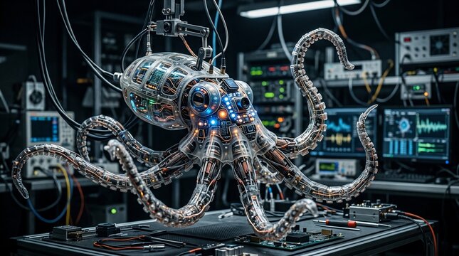 Advanced robotic octopus with glowing blue lights in a lab