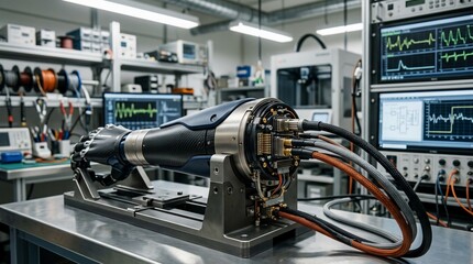 Fototapeta premium Advanced prosthetic arm prototype in research lab with diagnostic monitors
