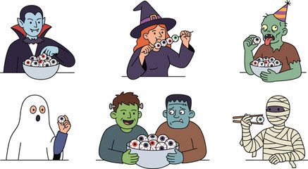 Fototapeta premium Collection of funny Halloween characters enjoying spooky eyeball treats perfect for party invitations social media or seasonal promotions