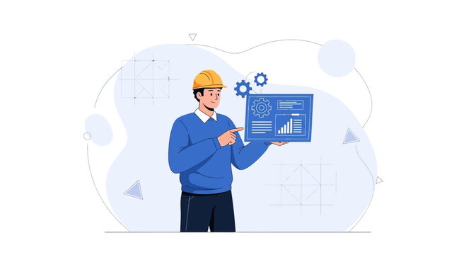 Engineer presenting digital dashboard with graphs and gears, illustrating project management and technical solutions