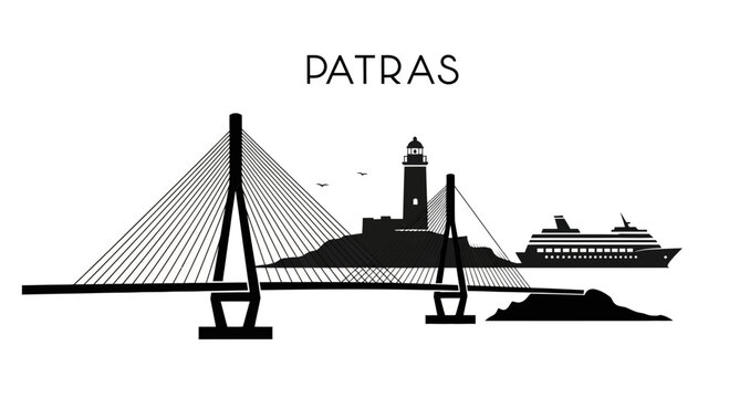 Patras cityscape silhouette with Rio-Antirrio bridge, lighthouse, and ferry
