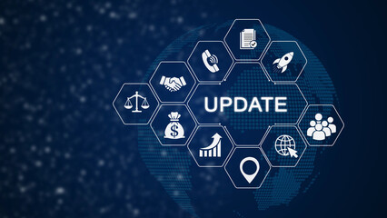 Digital update concept with smartphone, money, clock, cloud, and location symbols on dark blue background © FlexHand Studio