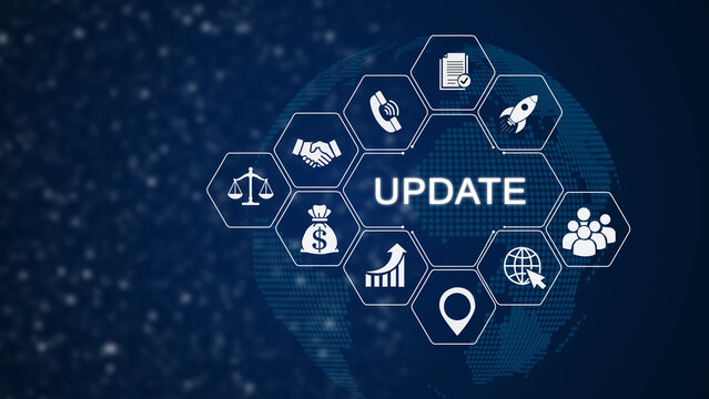Digital update concept with smartphone, money, clock, cloud, and location symbols on dark blue background