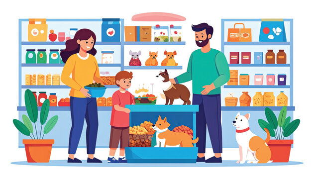 Family shopping with pets at store.