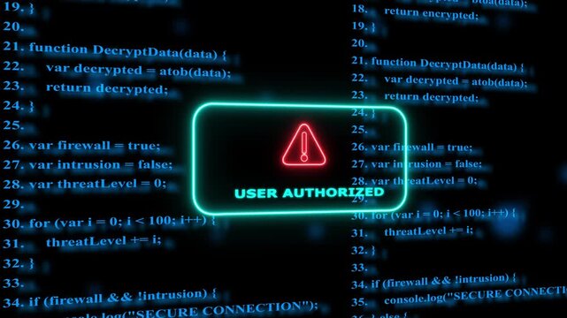 User authorized digital security interface with glowing warning and scrolling programming code background