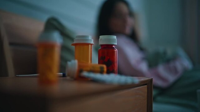 Pills bottles placed bedside table near woman resting bed with flu symptoms