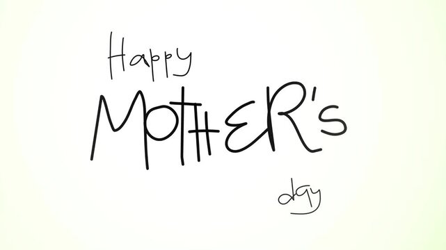 Handwritten black ink text happy mothers day holiday greeting card on white background. Suitable for mothers day designs and promotions.