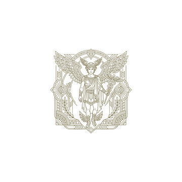 Hermes Greek god line art illustration with wings caduceus staff and decorative ornament frame isolated on white background