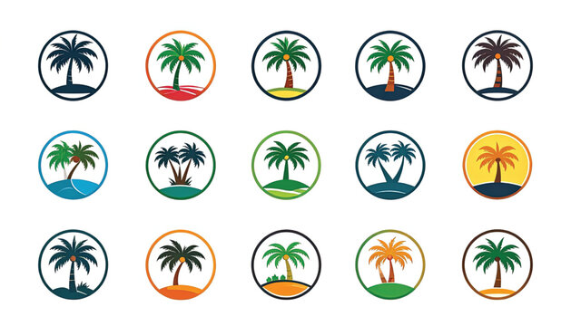 Colorful palm tree icons in circles.