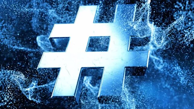 A blue-tinted image features a large white hashtag symbol surrounded by electric-like effects