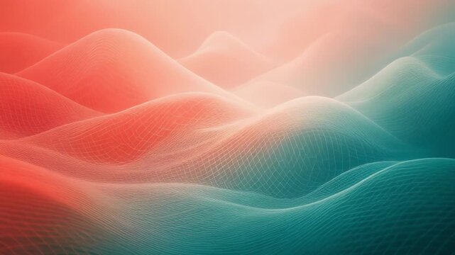 Abstract wavy grid pattern transitioning from coral red to teal blue