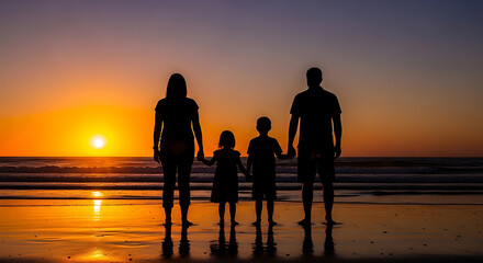 Obraz premium Silhouette of family on beach at sunset.