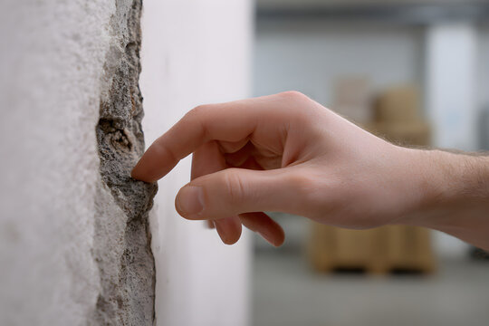 Finger Touches Rough Textured Wall Surface Examining Imperfect Plaster
