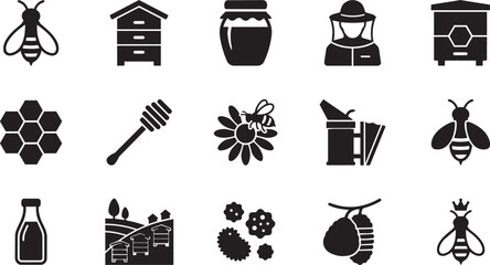 Bee, honey icons, black, vector, 16 symbols, apiary, beekeeping © Design With Ai