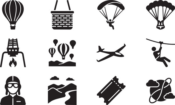 Adventure icons, travel symbols, outdoor activities, black vector set