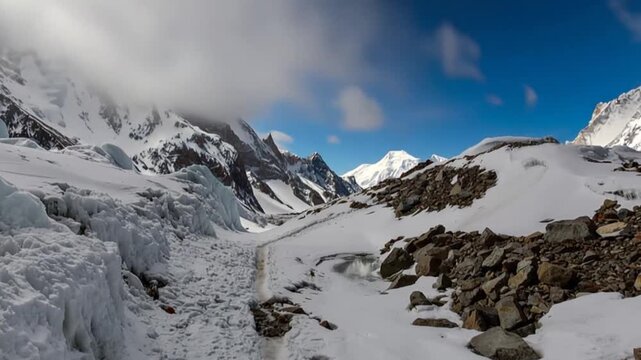K2 mountain peak, second highest mountain in the world, K2 trek, Pakistan, Asia. Time lapse.