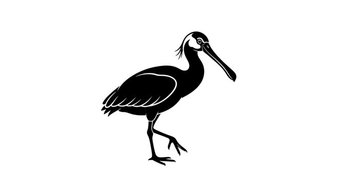 Spoonbill Bird Silhouette, Walking, Isolated on White Background, Vector Art