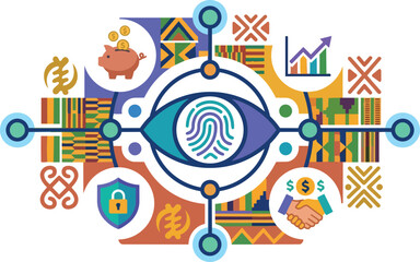 Fototapeta premium Modern Flat Design Vector Illustration of Digital Identity and Financial Security with Biometric Authentication biometrics fingerprint finance technology trust handshake