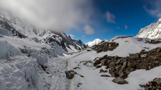 K2 mountain peak, second highest mountain in the world, K2 trek, Pakistan, Asia. Time lapse.