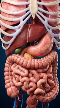 Human anatomy model of digestive system and internal organ. Suitable for medical presentation, biology education, healthcare video, and documentary.