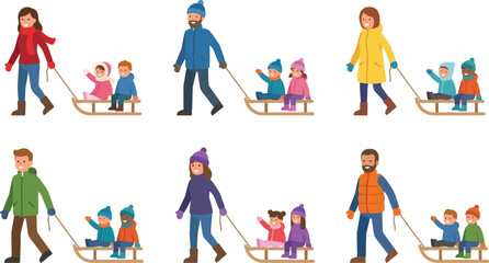 Naklejka premium Families pulling children on sleds in winter flat vector illustration for seasonal concepts and holiday designs isolated on white