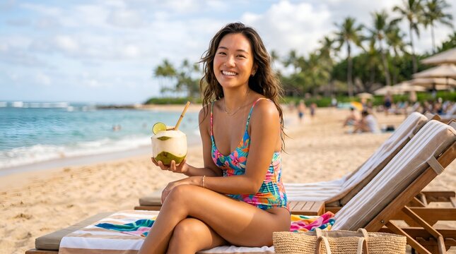 Happy woman holding a coconut drink while sitting on a beach chair