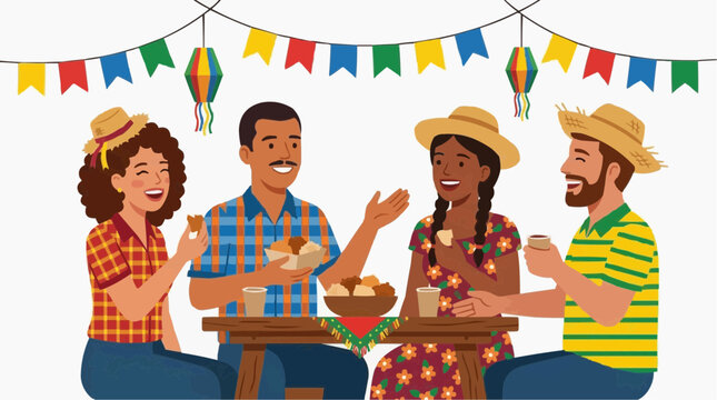 S&atilde;o Jo&atilde;o Friends Sharing Cocada Chatting Festa Junina, Brazilian June Festival Social Flat Illustration
