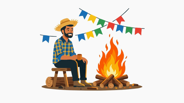 S&atilde;o Jo&atilde;o Man Sitting Bonfire Northeastern Celebration Night, Brazilian June Festival Flat Illustration
