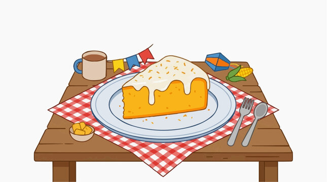S&atilde;o Jo&atilde;o Bolo de Laranja Orange Cake Sugar Glaze June Table, Brazilian Festival Sweet Flat Illustration