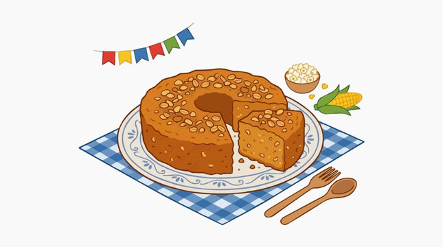 S&atilde;o Jo&atilde;o Bolo de Amendoim Peanut Cake Celebration Plate, Brazilian June Festival Sweet Flat Illustration