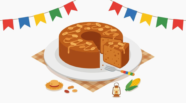 S&atilde;o Jo&atilde;o Bolo de Amendoim Peanut Cake Celebration Plate, Brazilian June Festival Sweet Flat Illustration