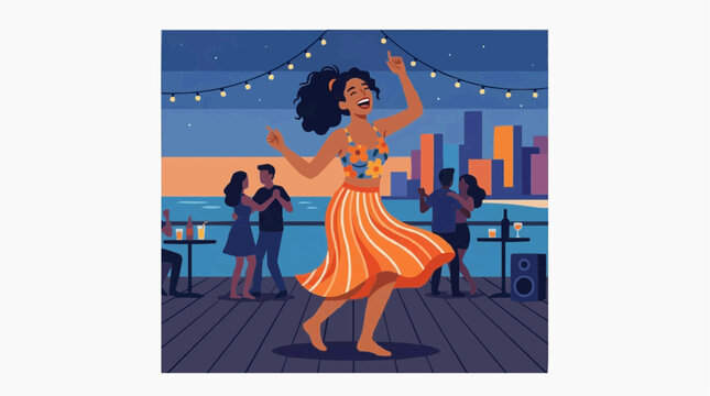 S&atilde;o Jo&atilde;o Woman Laughing Dancing Rooftop Forr&oacute; Party Recife, Brazilian June Festival Flat Illustration