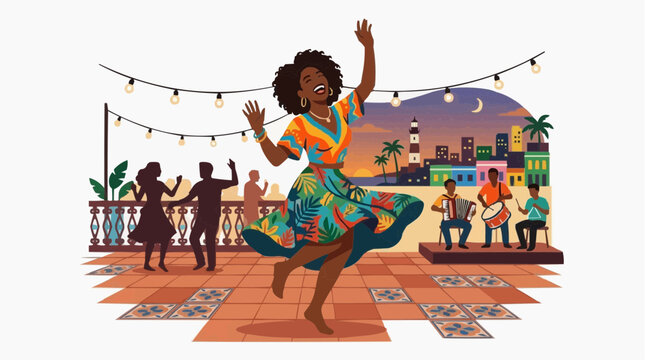 S&atilde;o Jo&atilde;o Woman Laughing Dancing Rooftop Forr&oacute; Party Recife, Brazilian June Festival Flat Illustration