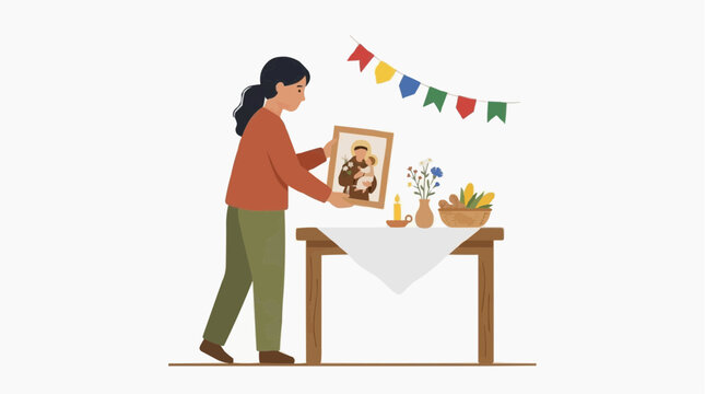 S&atilde;o Jo&atilde;o Woman Placing Saint Anthony Image June Altar, Brazilian Folk Tradition Flat Illustration