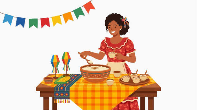 S&atilde;o Jo&atilde;o Woman Serving Arroz Doce Small Cups Festive June Table, Brazilian Festival Dessert Flat Illustration
