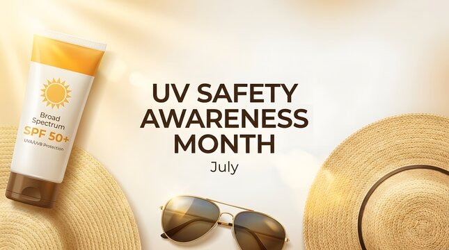 Uv safety awareness month concept with sunscreen hat and sunglasses