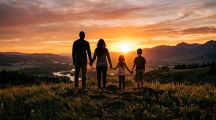 Obraz premium Family Silhouettes Walking Towards a Vibrant Sunset Over a Scenic Landscape.