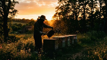 Obraz premium Farmer tending to beehives at sunset in a field.